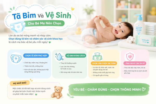 Hướng dẫn chọn tã bỉm và vệ sinh phù hợp và chăm sóc da nhạy cảm, thiết kế nhẹ nhàng cho mẹ và bé.