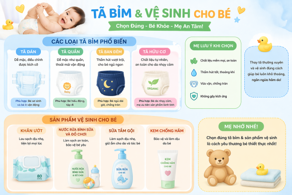 Giới thiệu cách chọn tã bỉm và vệ sinh an toàn, chăm sóc da bé và vệ sinh đúng cách cho trẻ sơ sinh.